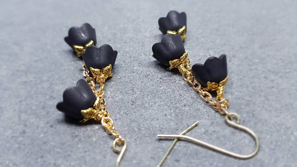 Flower Earrings, Hypoallergenic Ear Wires, Black Earrings, Boho Jewelry, Simple Vintage Earrings