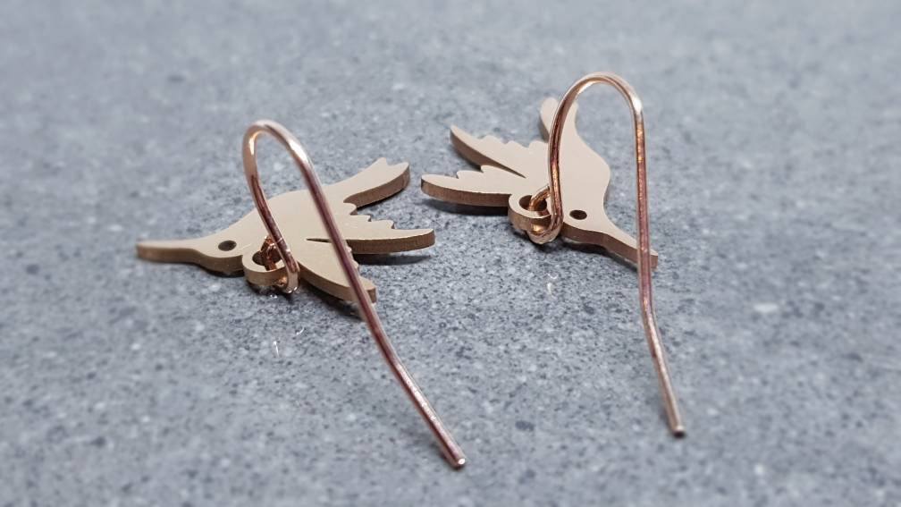 Hummingbird Earrings, Hypoallergenic Ear Wires, Rose Gold Hummingbird Earrings, Rose Gold Earrings, Stainless Steel Hummingbird Earrings