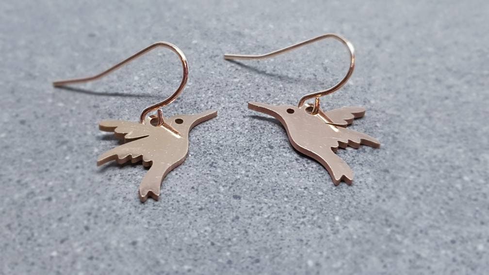 Hummingbird Earrings, Hypoallergenic Ear Wires, Rose Gold Hummingbird Earrings, Rose Gold Earrings, Stainless Steel Hummingbird Earrings