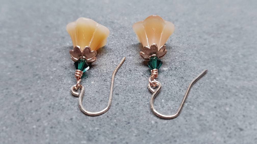 Flower Earrings, Hypoallergenic Ear Wires, Peach Earrings, Boho Jewelry, Emerald Green PRIMERO Crystals®, Simple Vintage Earrings