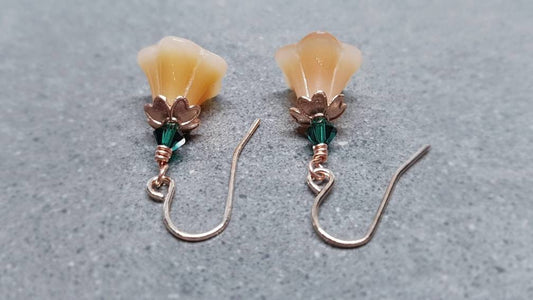 Flower Earrings, Hypoallergenic Ear Wires, Peach Earrings, Boho Jewelry, Emerald Green PRIMERO Crystals®, Simple Vintage Earrings