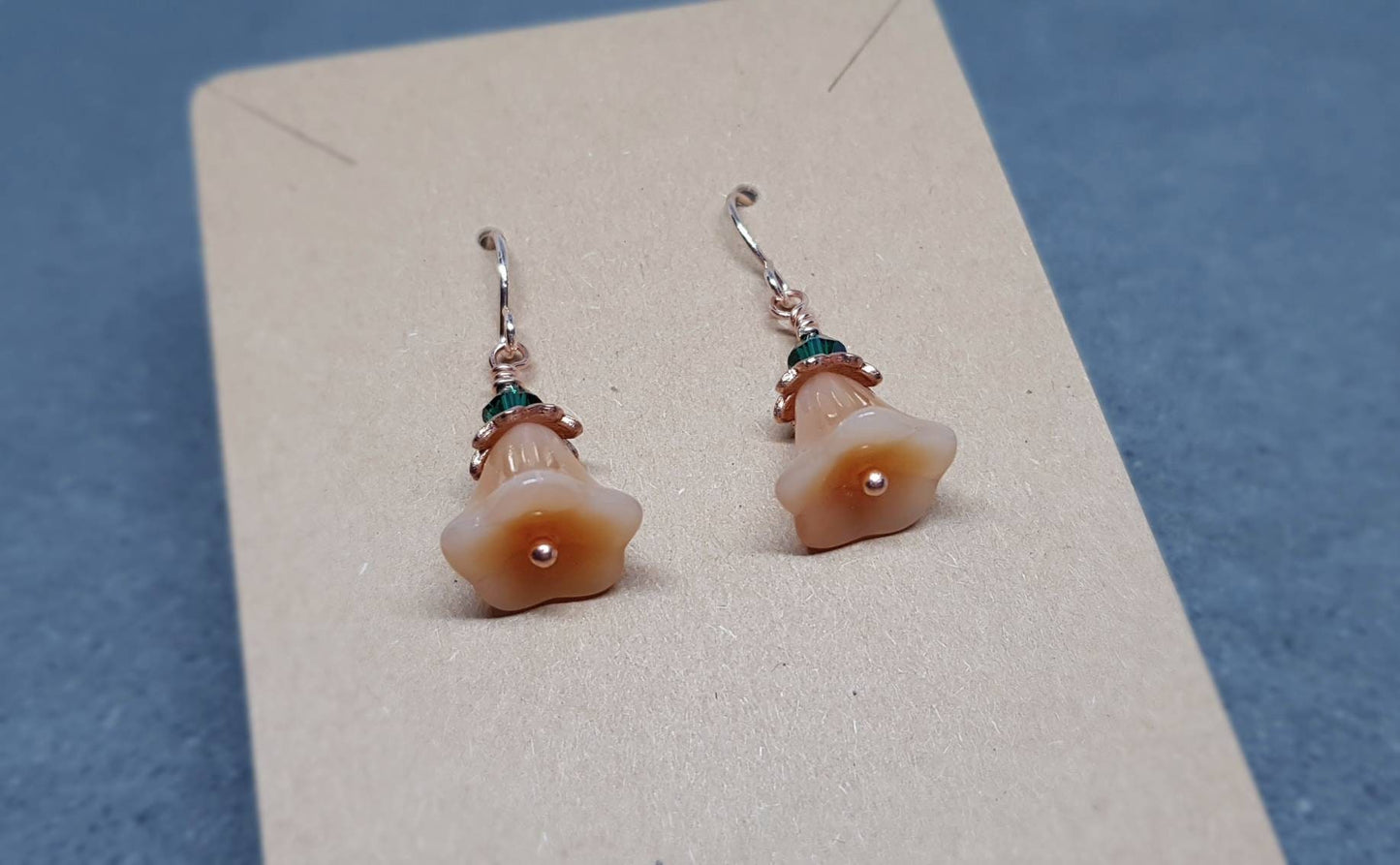 Flower Earrings, Hypoallergenic Ear Wires, Peach Earrings, Boho Jewelry, Emerald Green PRIMERO Crystals®, Simple Vintage Earrings