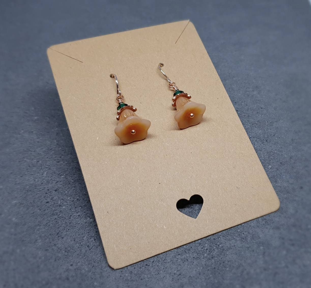 Flower Earrings, Hypoallergenic Ear Wires, Peach Earrings, Boho Jewelry, Emerald Green PRIMERO Crystals®, Simple Vintage Earrings