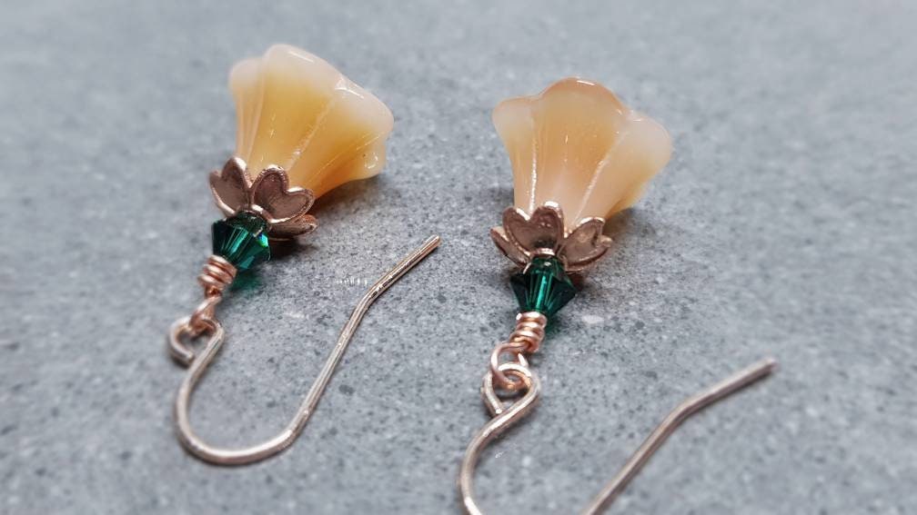 Flower Earrings, Hypoallergenic Ear Wires, Peach Earrings, Boho Jewelry, Emerald Green PRIMERO Crystals®, Simple Vintage Earrings