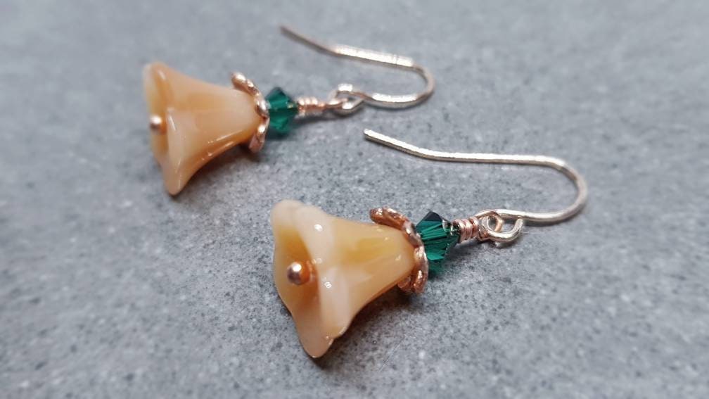 Flower Earrings, Hypoallergenic Ear Wires, Peach Earrings, Boho Jewelry, Emerald Green PRIMERO Crystals®, Simple Vintage Earrings