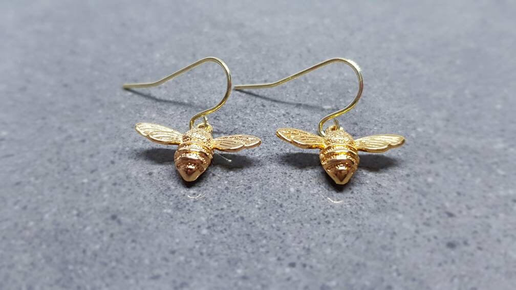 Bee Earrings, Hypoallergenic Ear Wires, Brass Bumble Bee, Nickel Free, Gold Earrings, Bee Lovers Earrings, Insect Earrings