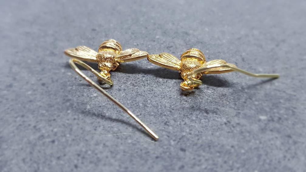Bee Earrings, Hypoallergenic Ear Wires, Brass Bumble Bee, Nickel Free, Gold Earrings, Bee Lovers Earrings, Insect Earrings