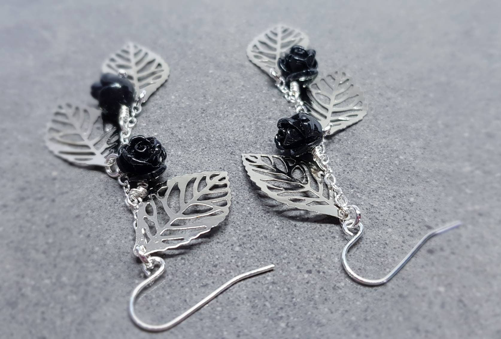 Rose Dangle Earrings, Hypoallergenic Ear Wires, Leaf Earrings, Rose Earrings, Vintage Style Earrings