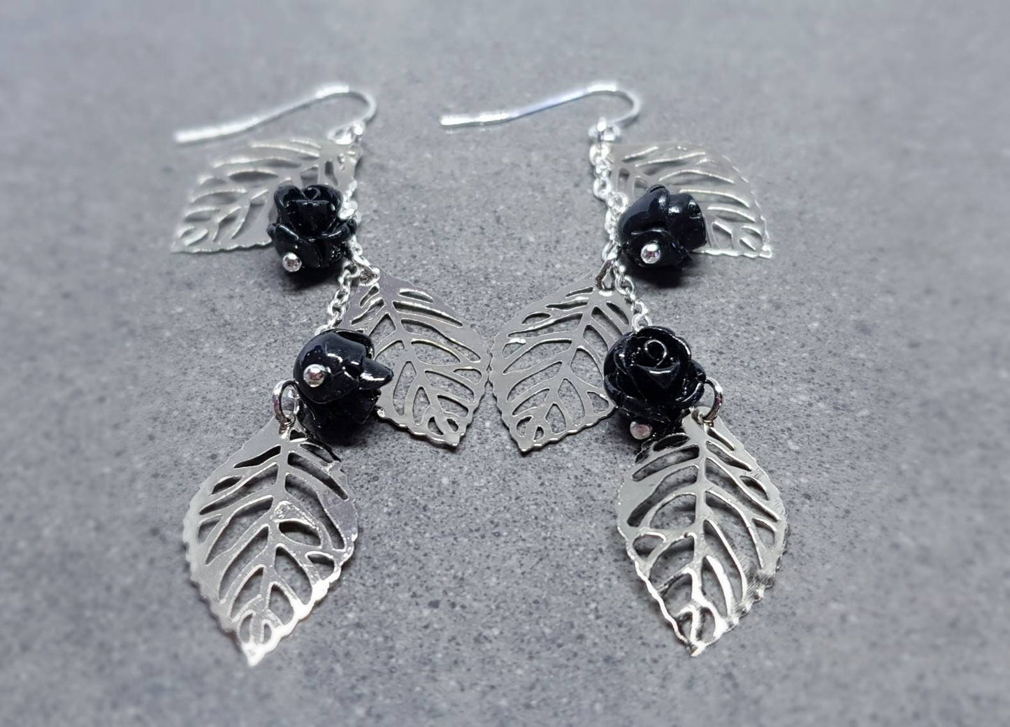 Rose Dangle Earrings, Hypoallergenic Ear Wires, Leaf Earrings, Rose Earrings, Vintage Style Earrings