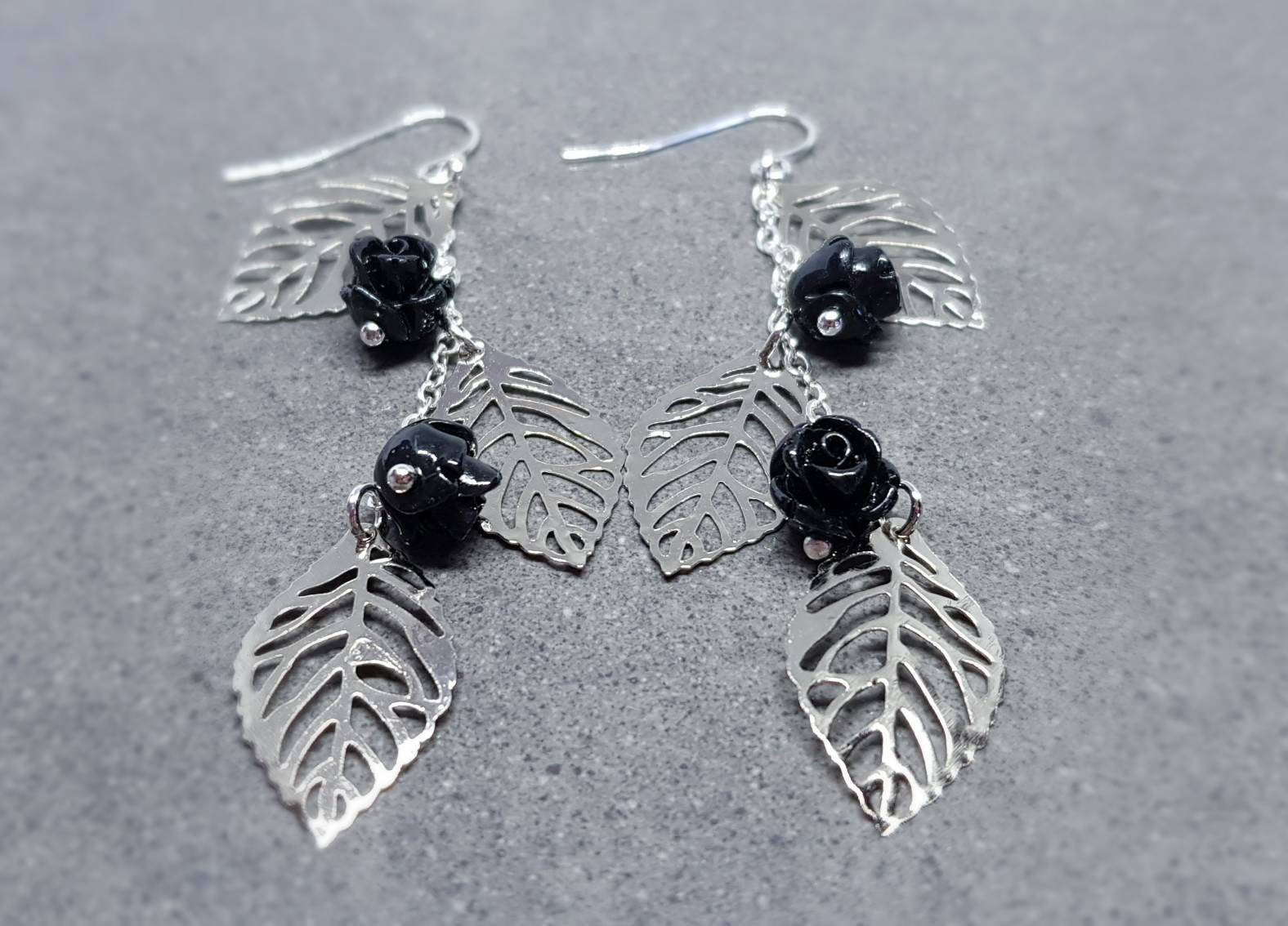 Rose Dangle Earrings, Hypoallergenic Ear Wires, Leaf Earrings, Rose Earrings, Vintage Style Earrings