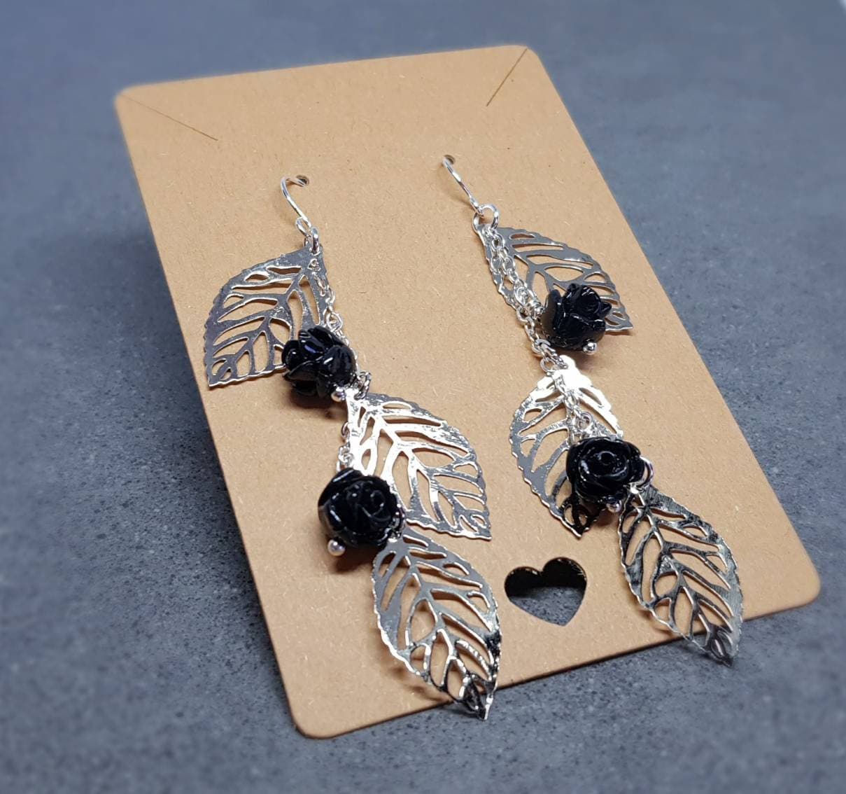 Rose Dangle Earrings, Hypoallergenic Ear Wires, Leaf Earrings, Rose Earrings, Vintage Style Earrings