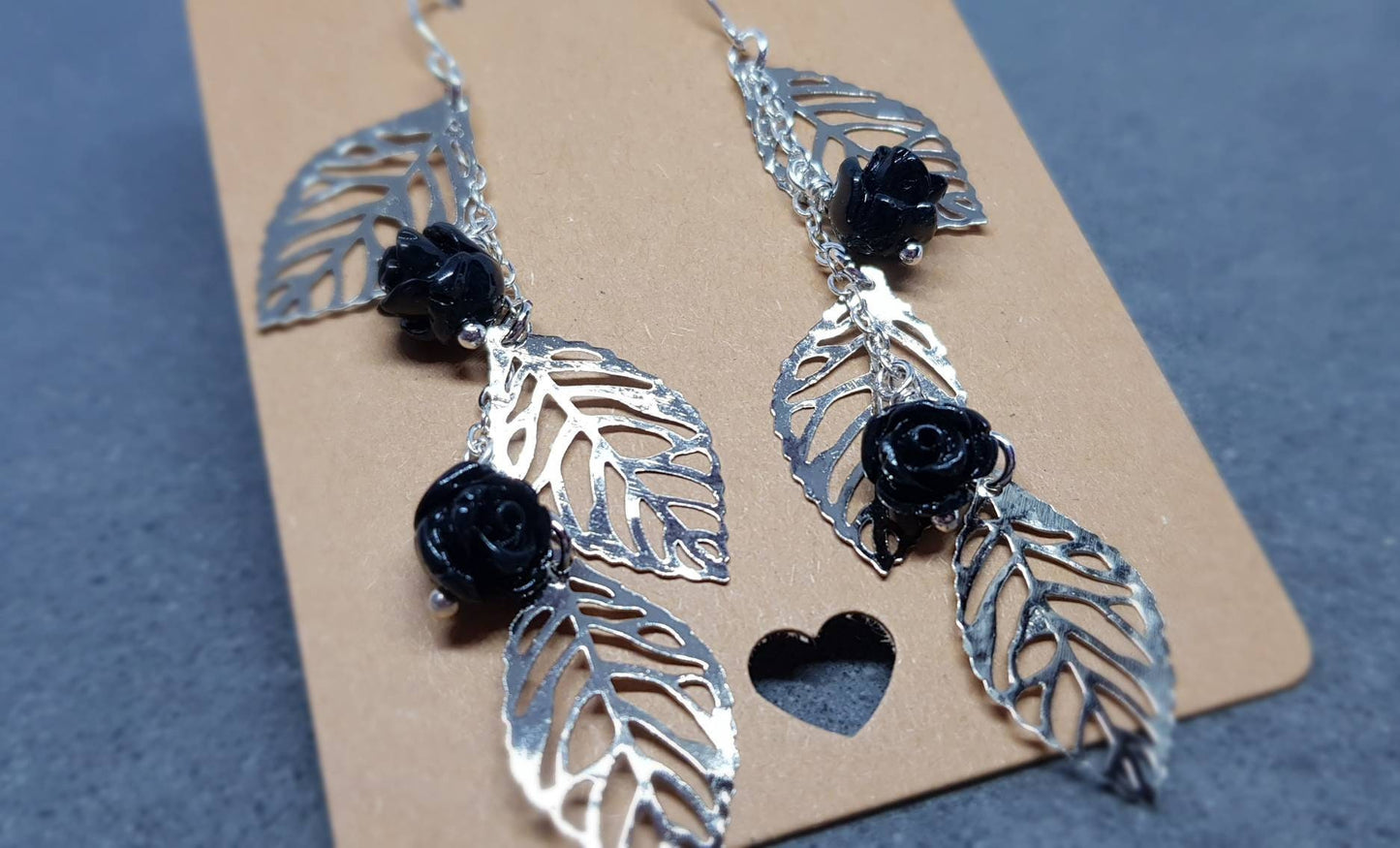 Rose Dangle Earrings, Hypoallergenic Ear Wires, Leaf Earrings, Rose Earrings, Vintage Style Earrings