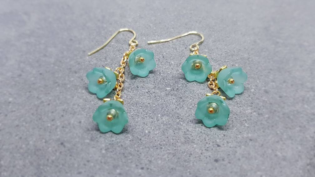 Flower Earrings, Hypoallergenic Ear Wires, Teal Green Earrings, Boho Jewelry, Simple Vintage Earrings