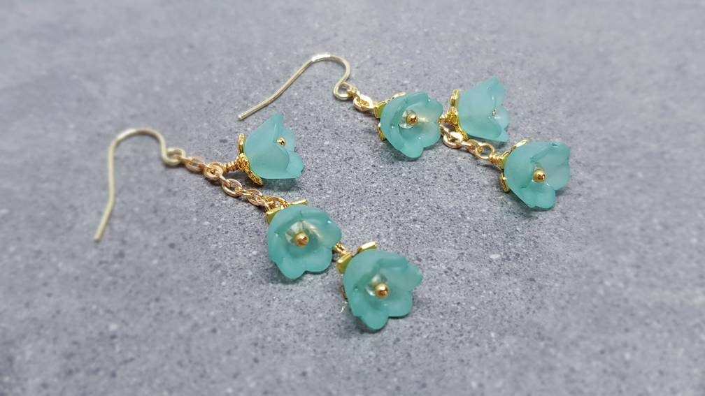 Flower Earrings, Hypoallergenic Ear Wires, Teal Green Earrings, Boho Jewelry, Simple Vintage Earrings