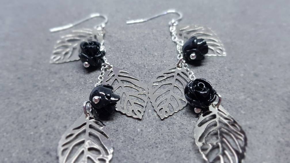 Rose Dangle Earrings, Hypoallergenic Ear Wires, Leaf Earrings, Rose Earrings, Vintage Style Earrings