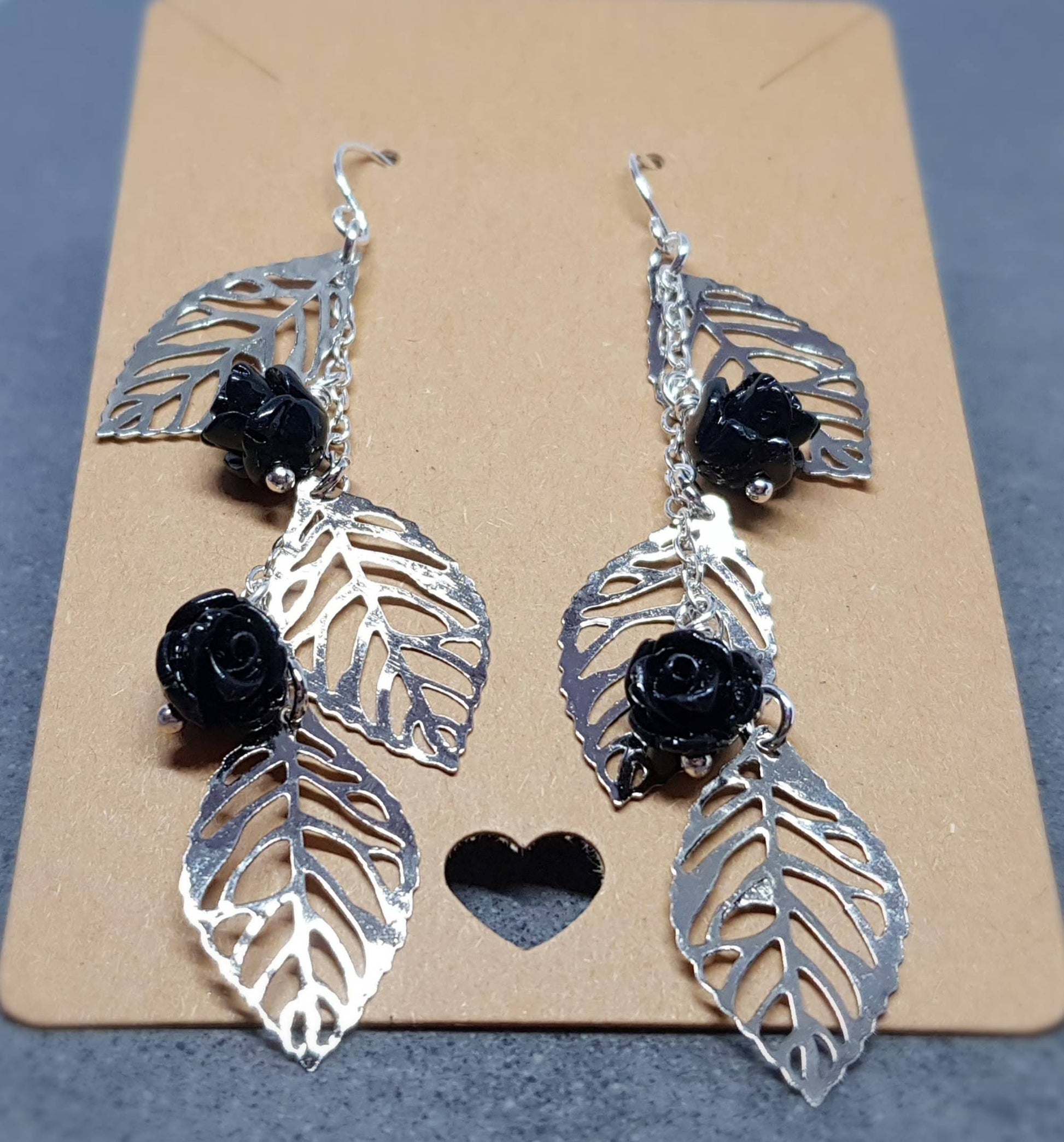 Rose Dangle Earrings, Hypoallergenic Ear Wires, Leaf Earrings, Rose Earrings, Vintage Style Earrings