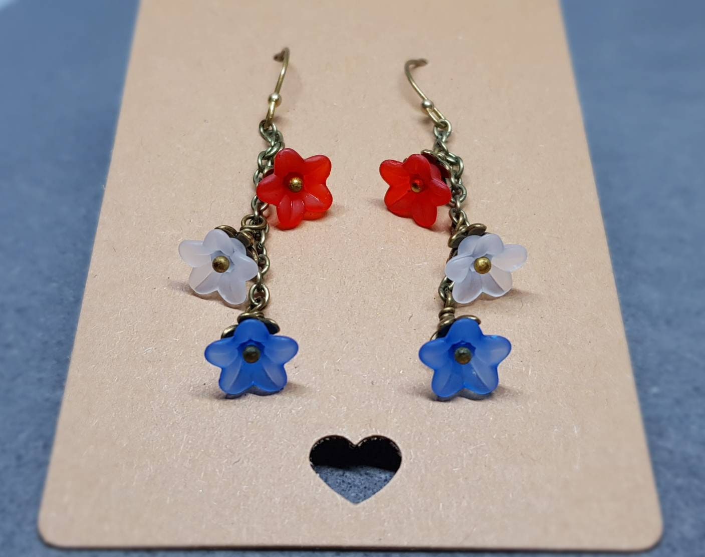 Flower Earrings, Hypoallergenic Ear Wires, Patriotic Earrings, Red, White and Blue