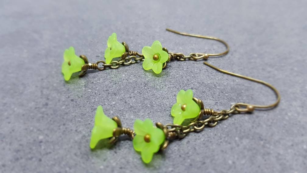 Flower Earrings, Hypoallergenic Ear Wires, Lime Green Earrings, Boho Jewelry, Simple Vintage Earrings