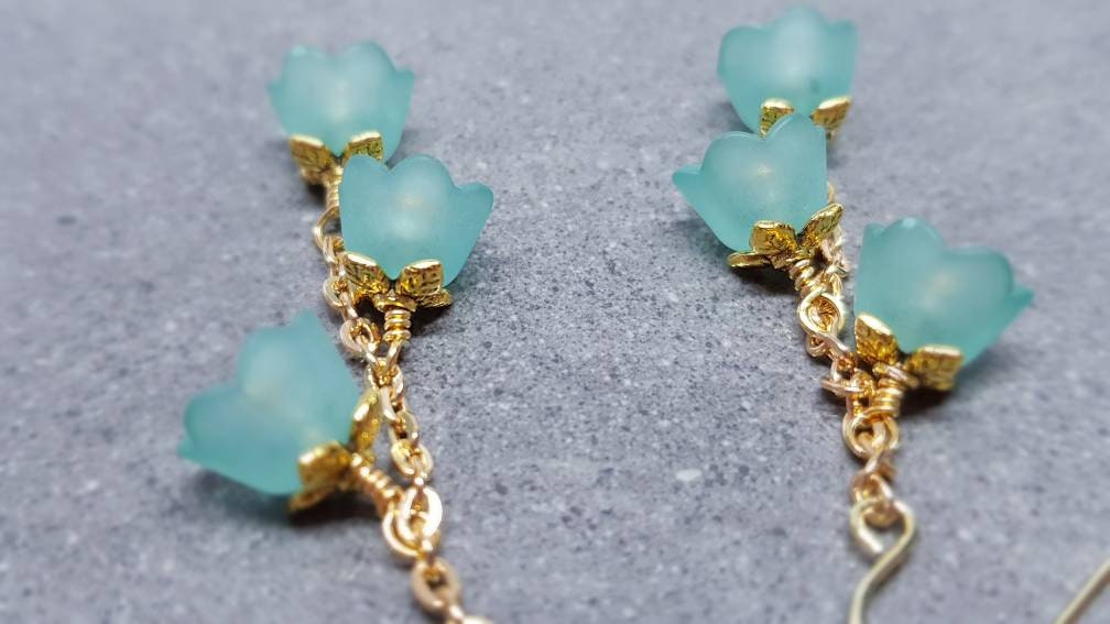 Flower Earrings, Hypoallergenic Ear Wires, Teal Green Earrings, Boho Jewelry, Simple Vintage Earrings