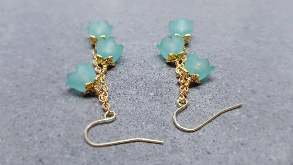Flower Earrings, Hypoallergenic Ear Wires, Teal Green Earrings, Boho Jewelry, Simple Vintage Earrings