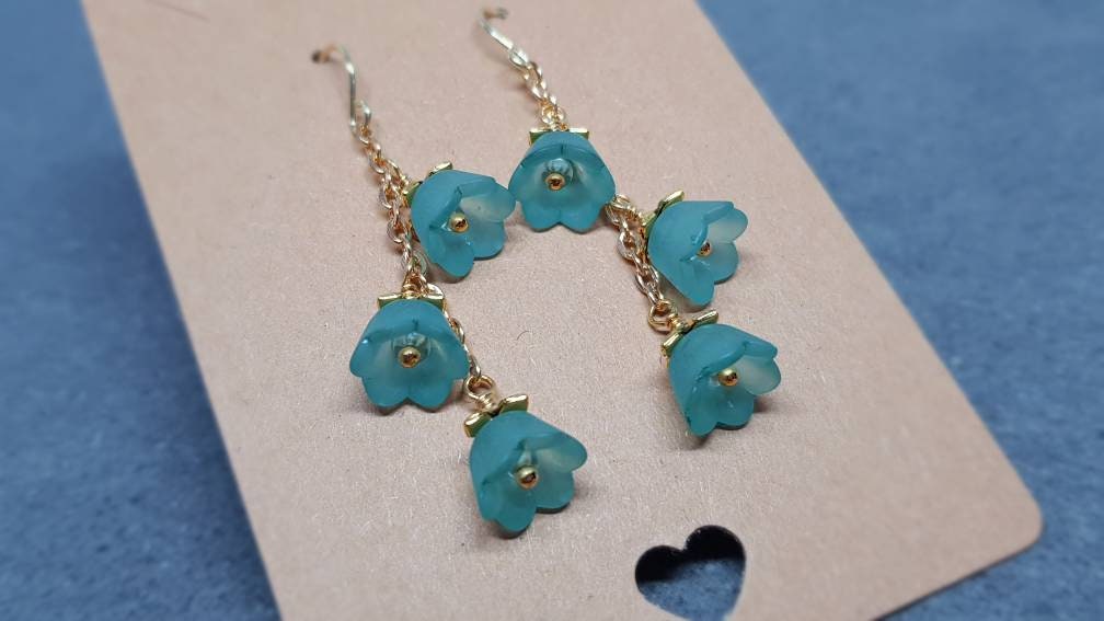 Flower Earrings, Hypoallergenic Ear Wires, Teal Green Earrings, Boho Jewelry, Simple Vintage Earrings
