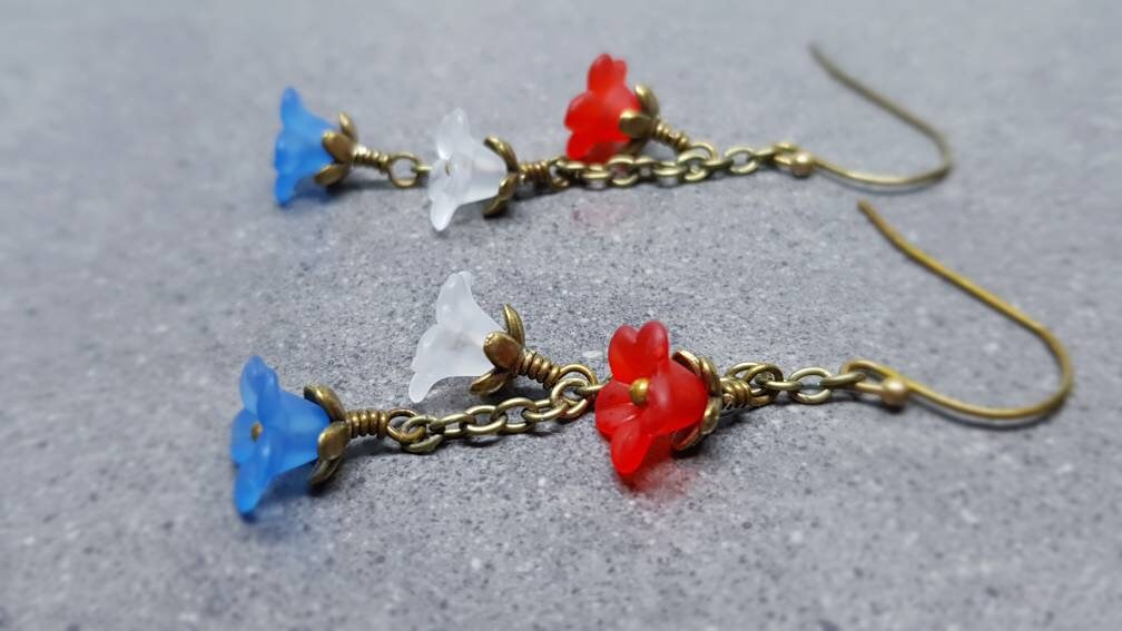 Flower Earrings, Hypoallergenic Ear Wires, Patriotic Earrings, Red, White and Blue