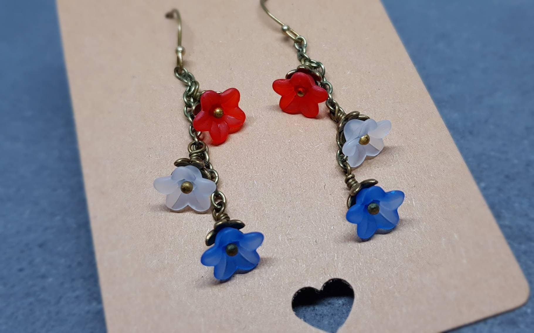 Flower Earrings, Hypoallergenic Ear Wires, Patriotic Earrings, Red, White and Blue