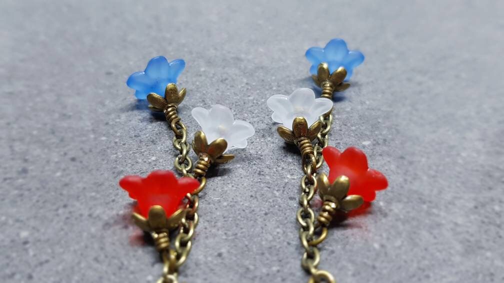 Flower Earrings, Hypoallergenic Ear Wires, Patriotic Earrings, Red, White and Blue