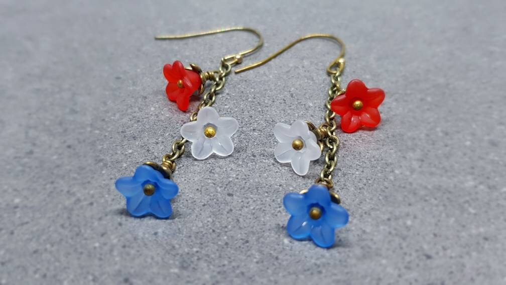Flower Earrings, Hypoallergenic Ear Wires, Patriotic Earrings, Red, White and Blue