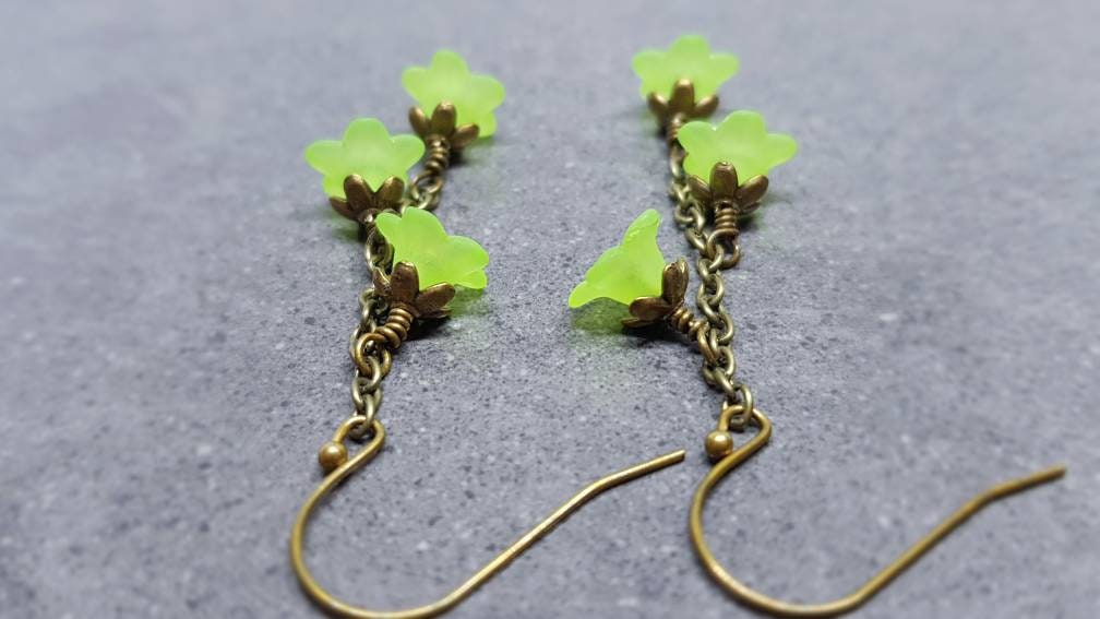 Flower Earrings, Hypoallergenic Ear Wires, Lime Green Earrings, Boho Jewelry, Simple Vintage Earrings