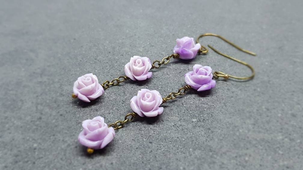 Rose Dangle Earrings, Hypoallergenic Ear Wires, Purple Earrings, Rose Earrings, Vintage Style Earrings