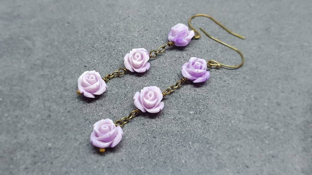 Rose Dangle Earrings, Hypoallergenic Ear Wires, Purple Earrings, Rose Earrings, Vintage Style Earrings