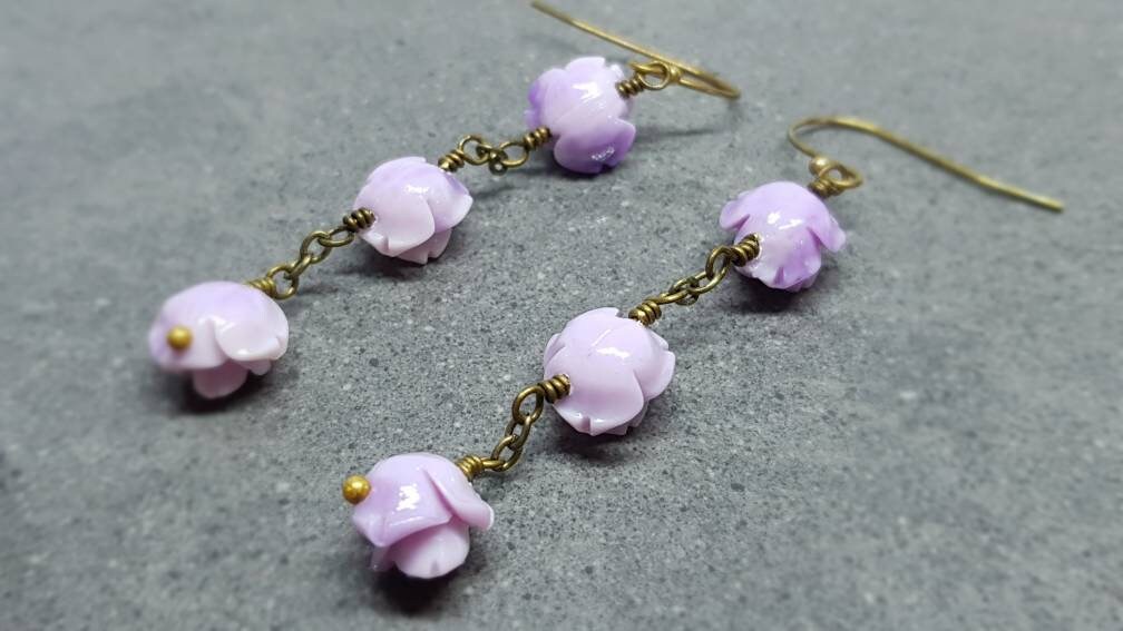 Rose Dangle Earrings, Hypoallergenic Ear Wires, Purple Earrings, Rose Earrings, Vintage Style Earrings