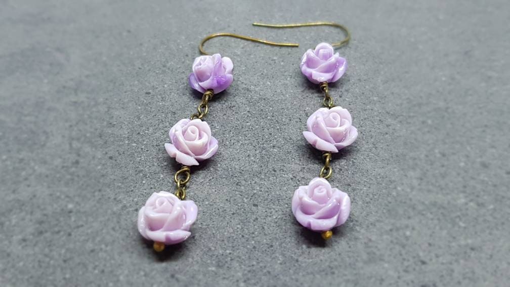 Rose Dangle Earrings, Hypoallergenic Ear Wires, Purple Earrings, Rose Earrings, Vintage Style Earrings