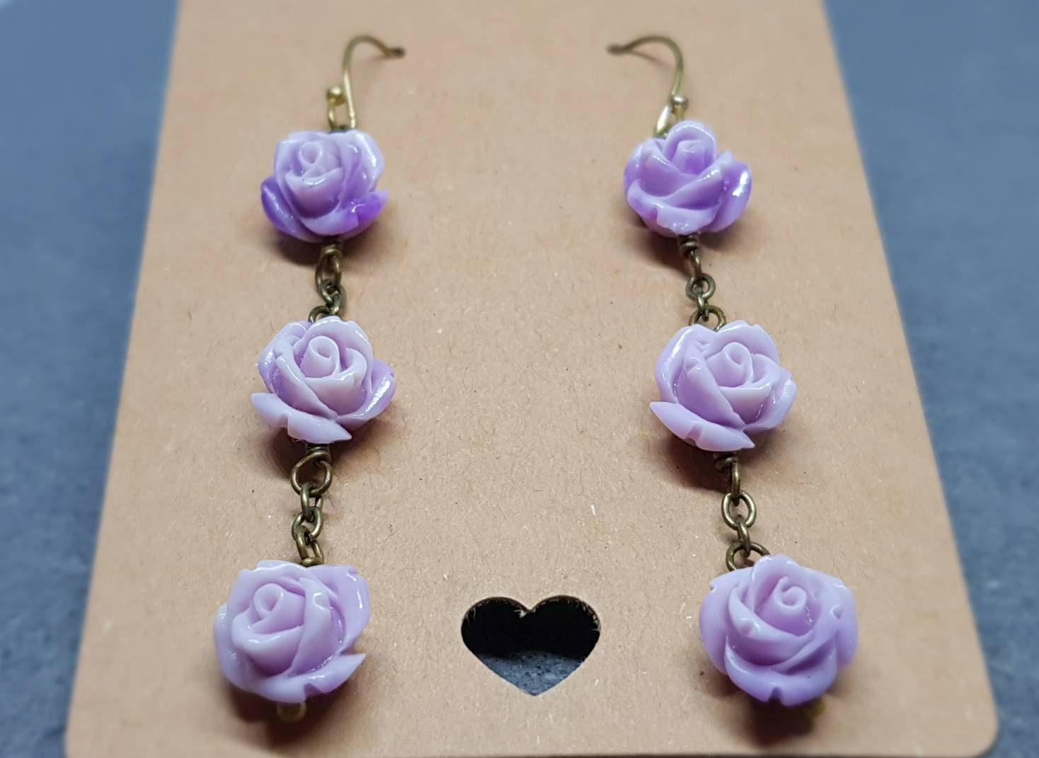 Rose Dangle Earrings, Hypoallergenic Ear Wires, Purple Earrings, Rose Earrings, Vintage Style Earrings