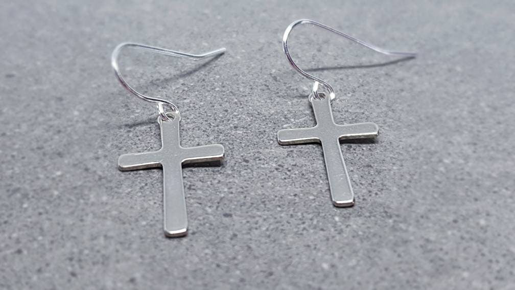 Silver Cross Earrings, Hypoallergenic Ear Wires, Stainless Steel, Cross Jewelry, Gothic Jewellery