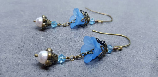 Blue Flower Earrings, Hypoallergenic or Sterling Silver Ear Wires, Primero Crystal Earrings