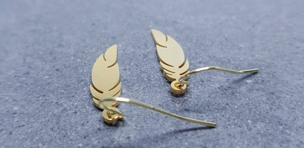 Feather Earrings, Hypoallergenic Ear Wires, Gold Feather Earrings, Gold Earrings, Stainless Steel Feather Earrings