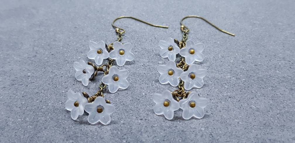 Flower Earrings, Hypoallergenic Ear Wires, White Earrings, Boho Jewelry, Simple Vintage Earrings