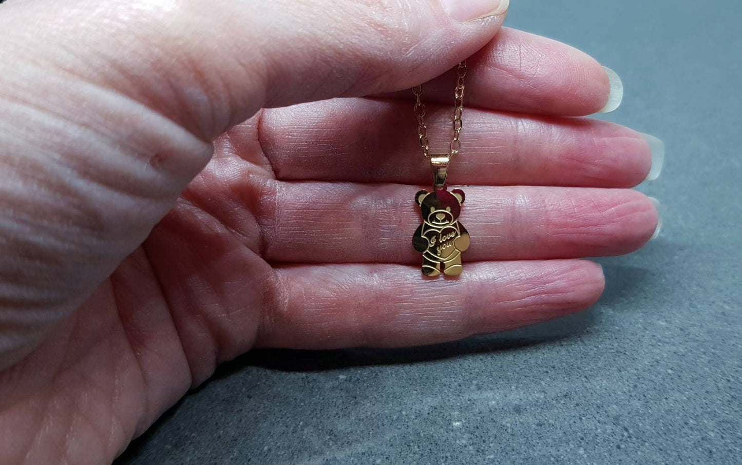 Bear with I Love You, Stainless Steel Necklace, Gold Plated Chain