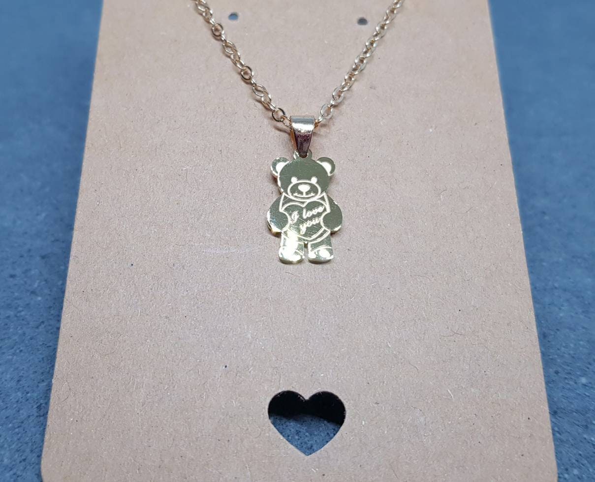 Bear with I Love You, Stainless Steel Necklace, Gold Plated Chain