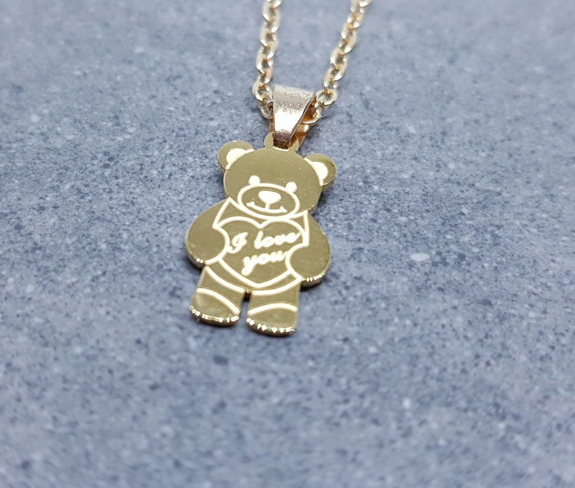 Bear with I Love You, Stainless Steel Necklace, Gold Plated Chain