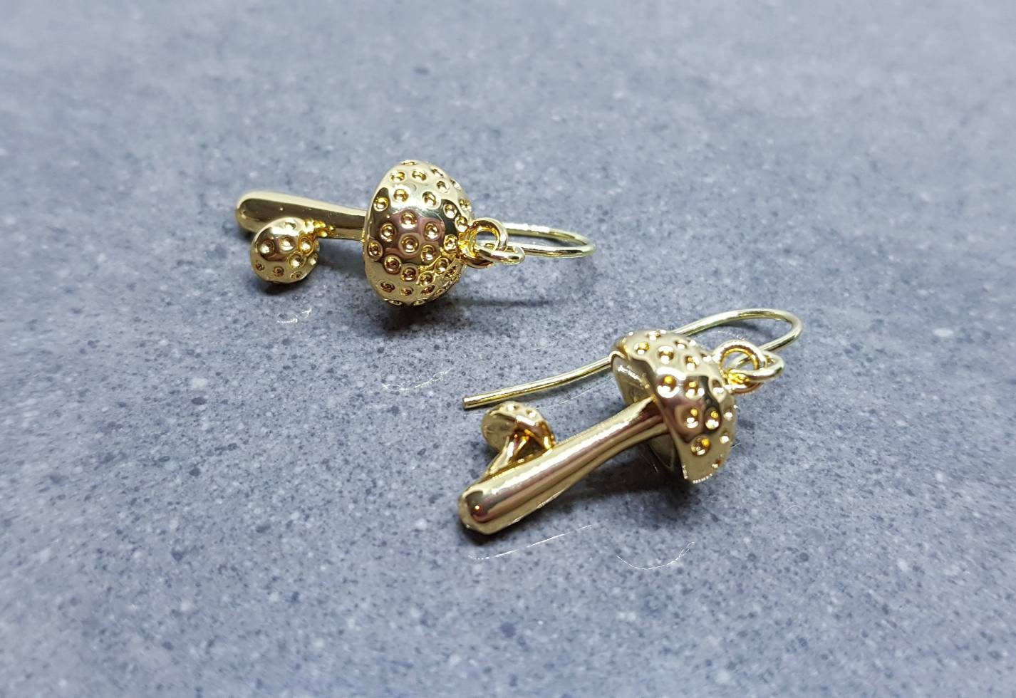 Mushroom Earrings, Hypoallergenic Ear Wires, Toad Stool Earrings, Gold Earrings, Gold Mushroom Earrings