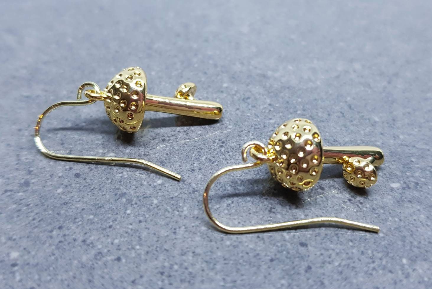 Mushroom Earrings, Hypoallergenic Ear Wires, Toad Stool Earrings, Gold Earrings, Gold Mushroom Earrings