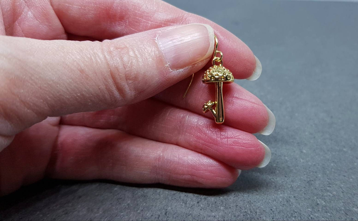 Mushroom Earrings, Hypoallergenic Ear Wires, Toad Stool Earrings, Gold Earrings, Gold Mushroom Earrings