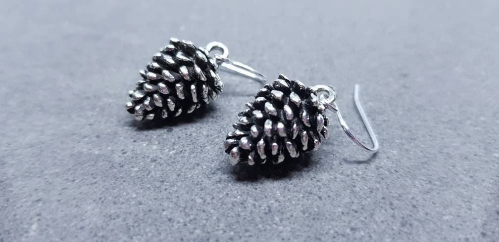 Silver Pinecone Earrings, Hypoallergenic Ear Wires, Autumn Winter Jewelry