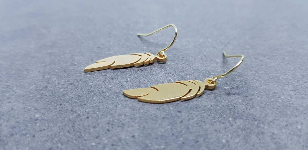 Feather Earrings, Hypoallergenic Ear Wires, Gold Feather Earrings, Gold Earrings, Stainless Steel Feather Earrings