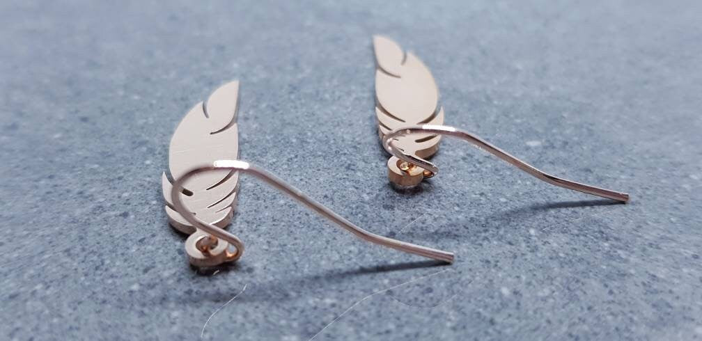 Feather Earrings, Hypoallergenic Ear Wires, Rose Gold Feather Earrings, Rose Gold Stainless Steel Earrings, Stainless Steel Feather Earrings