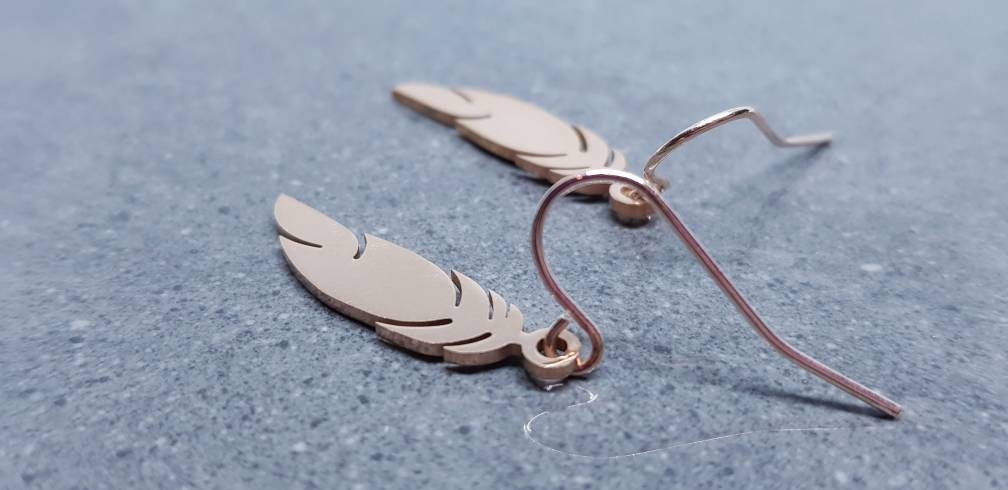 Feather Earrings, Hypoallergenic Ear Wires, Rose Gold Feather Earrings, Rose Gold Stainless Steel Earrings, Stainless Steel Feather Earrings