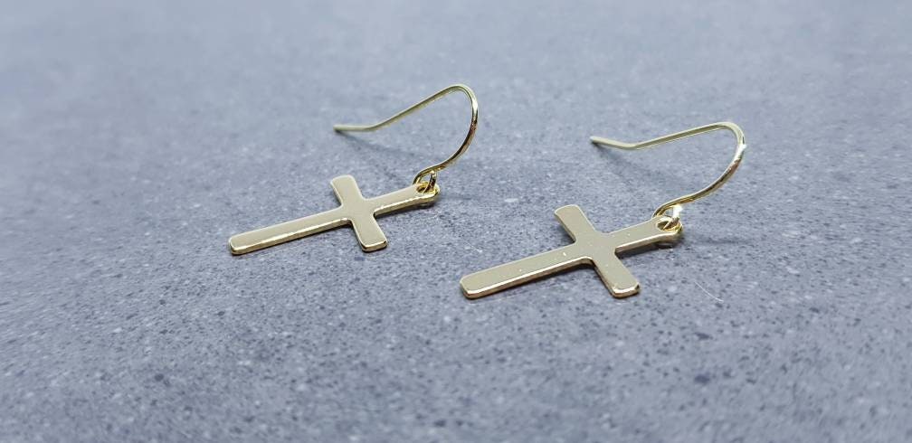 Gold Cross Earrings, Hypoallergenic Ear Wires, Stainless Steel, Cross Earrings, Cross Jewelry, Gothic Jewellery